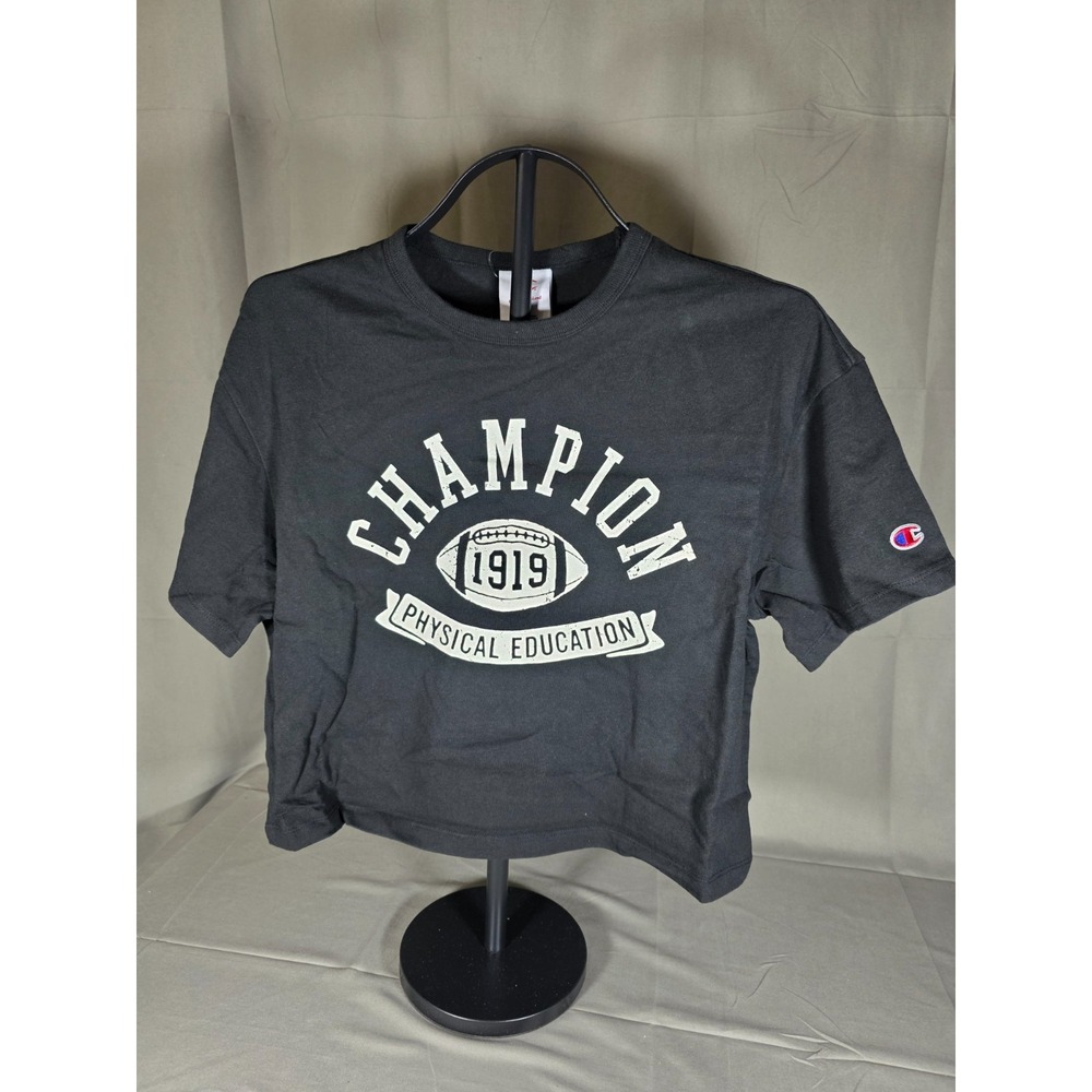 Champion Womens Rec Center Cropped Tee‎ Black Graphic T-Shirt Small